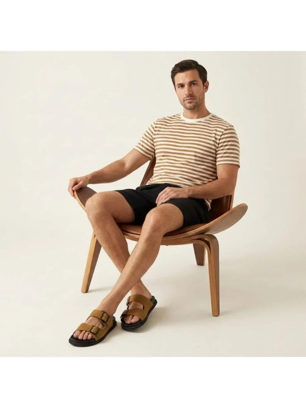 Men's Camel Alpha Leather Sandals Casual Slip On Flat Adjustable Buckles